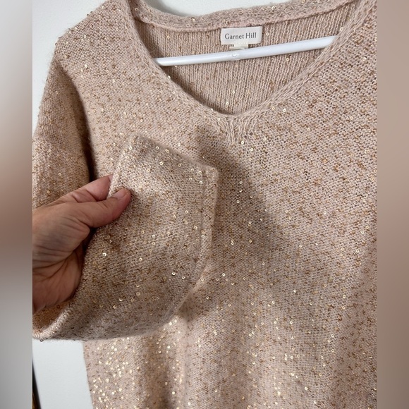 Garnet Hill vneck cropped sweater, M, brown & Gold Sequins wool Winter Party Fun - Picture 4 of 7